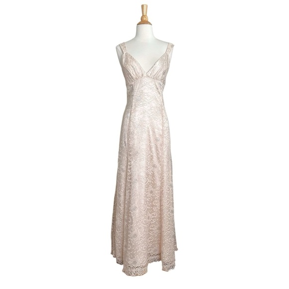 empire waist champagne dress GLS Long Formal Pleated Empire Waist Prom Dress - Rose Gold - Sleeveless Illusion V-Neck - Size XS main image 0